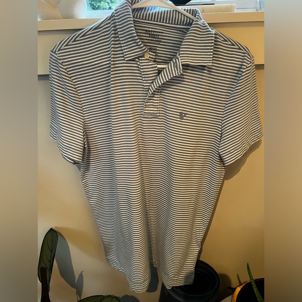 Men’s American Eagle Blue/White Striped Short Sleeve Polo Size XS